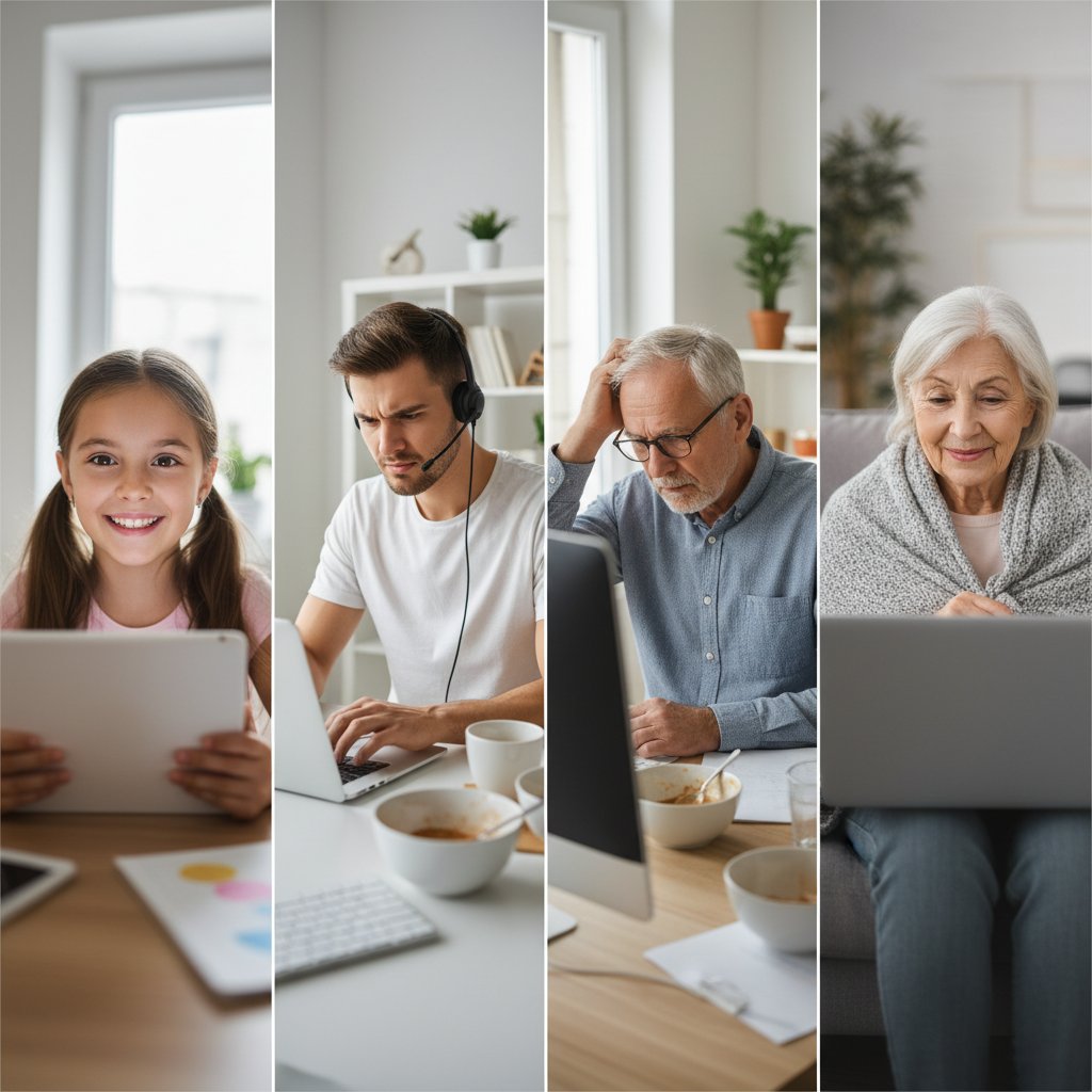Symbolisches Foto: Menschen unterschiedlicher Altersgruppen lernen online, wechselnde Emotionen, Hoffnung und Skepsis, Alltagsszene