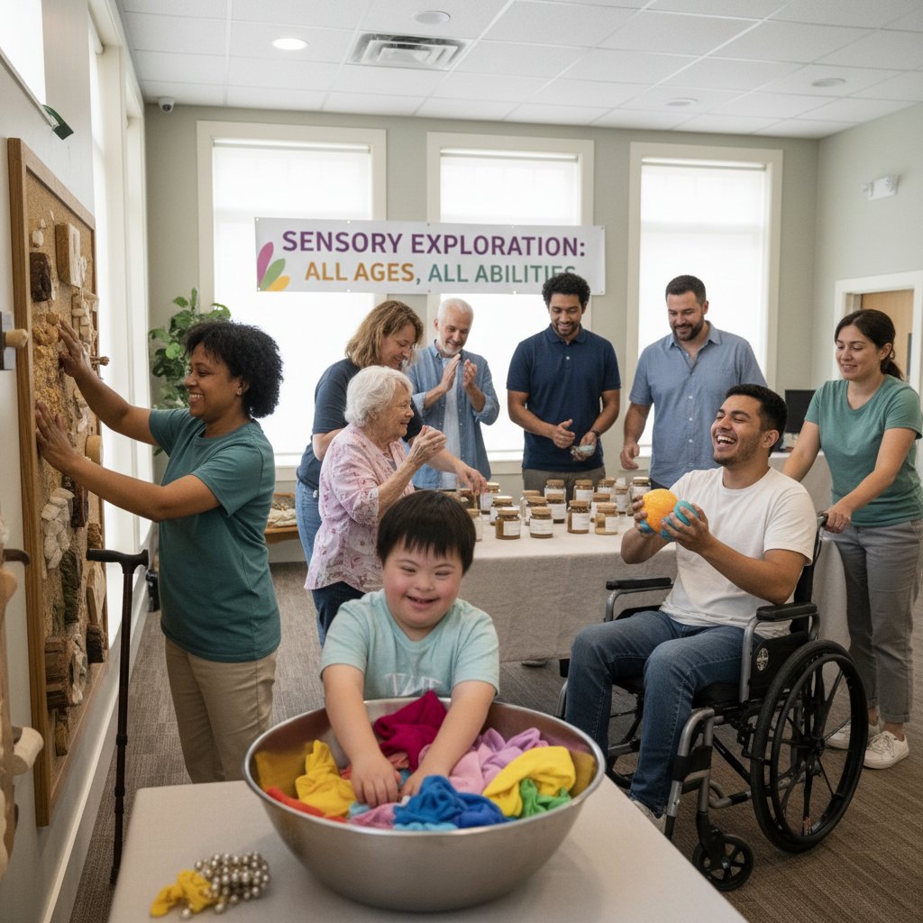 Osoby o różnym wieku i wyglądzie, wspólnie realizujące ćwiczenia sensoryczne, akceptacja różnorodności