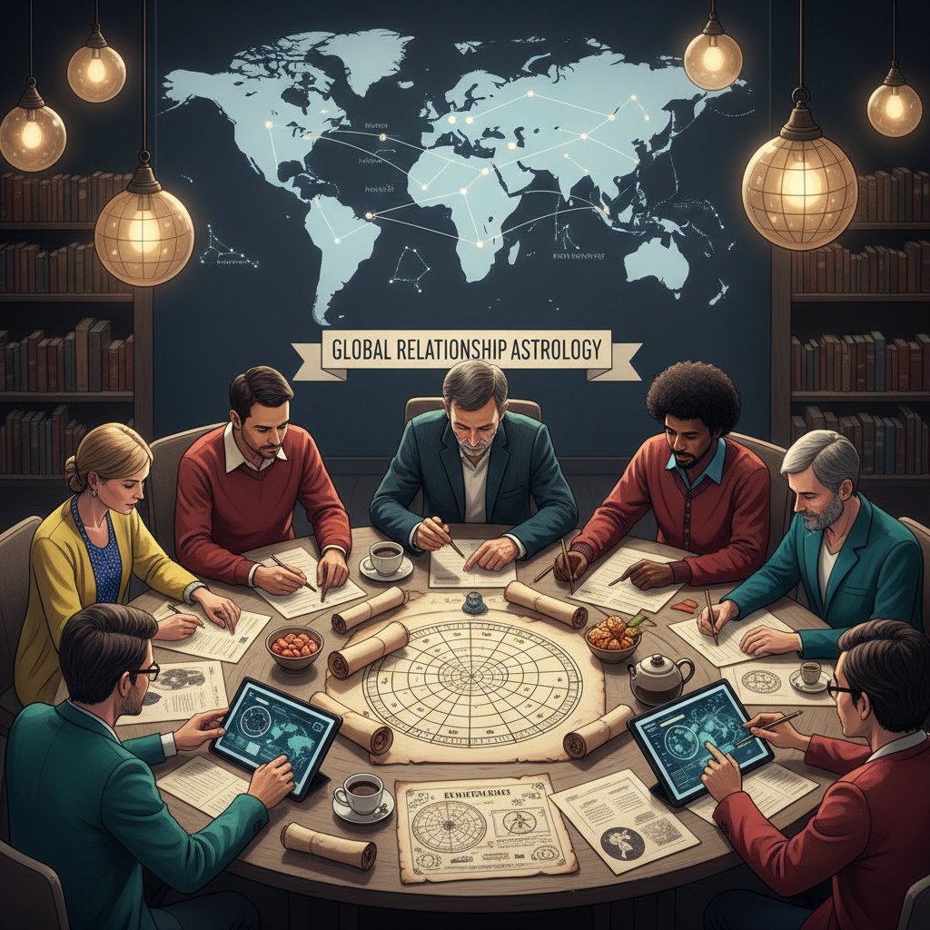 Osoby różnych narodowości analizujące różne typy wykresów astrologicznych, astrologia relacyjna globalizacja