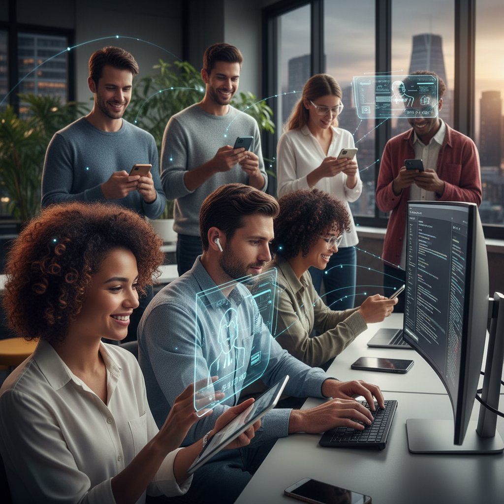 Zdjęcie grupy ludzi z telefonami, zanurzonej w świecie cyfrowym