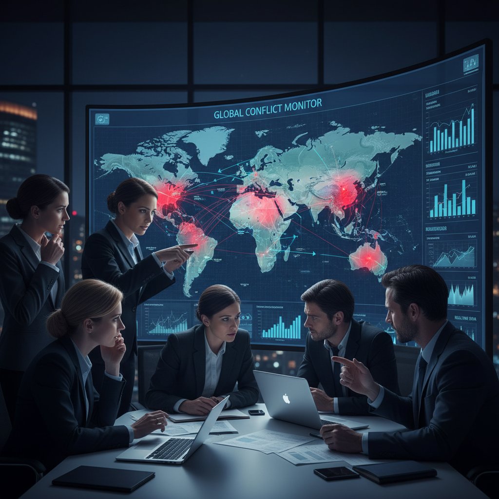 Ludzie analizują mapę granic na ekranie komputera, wizualizacja konfliktu politycznego