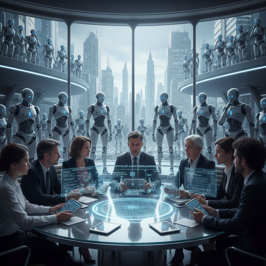 Dwie osoby dyskutują nad etycznymi dylematami AI, robot obecny w tle jako niemy świadek