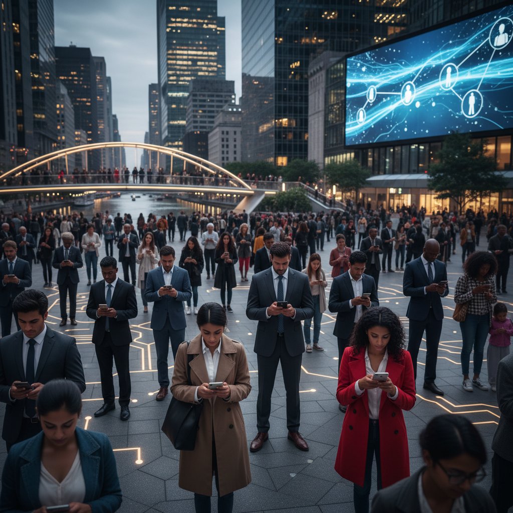Grupa ludzi z różnych środowisk, rozmawiająca ze sobą przez smartfony w przestrzeni miejskiej – wizja społeczeństwa cyfrowego