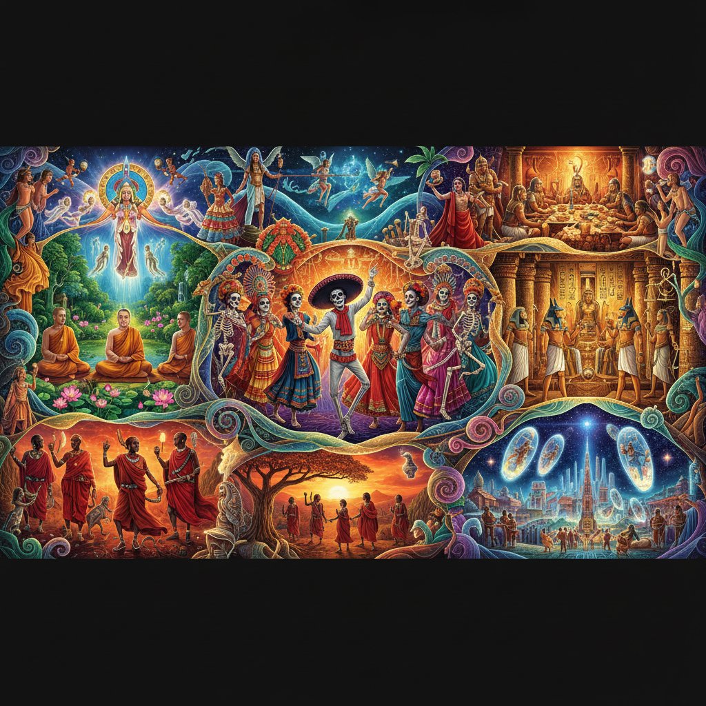 Ludzie z różnych kultur symbolizujący różne wierzenia o życiu po śmierci