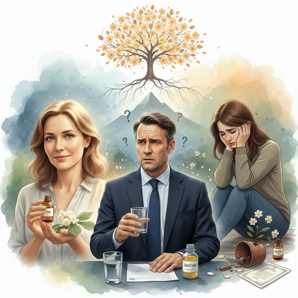 Emocjonalny portret trzech osób reprezentujących różne historie terapii kwiatowej – sukces, wątpliwość, rozczarowanie