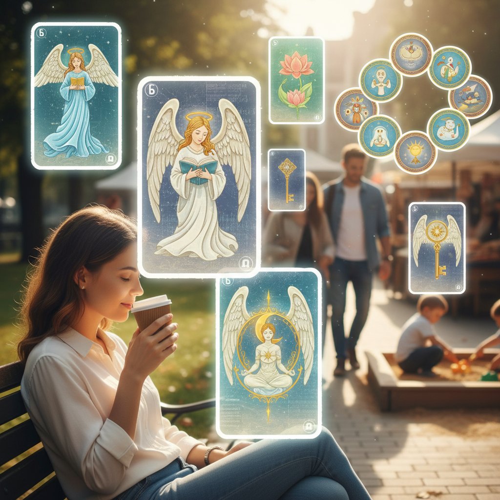 Szene: Verschiedene Menschen in Alltagssituationen, digital überlagert mit Engelskarten, Symbol für persönliche Geschichten