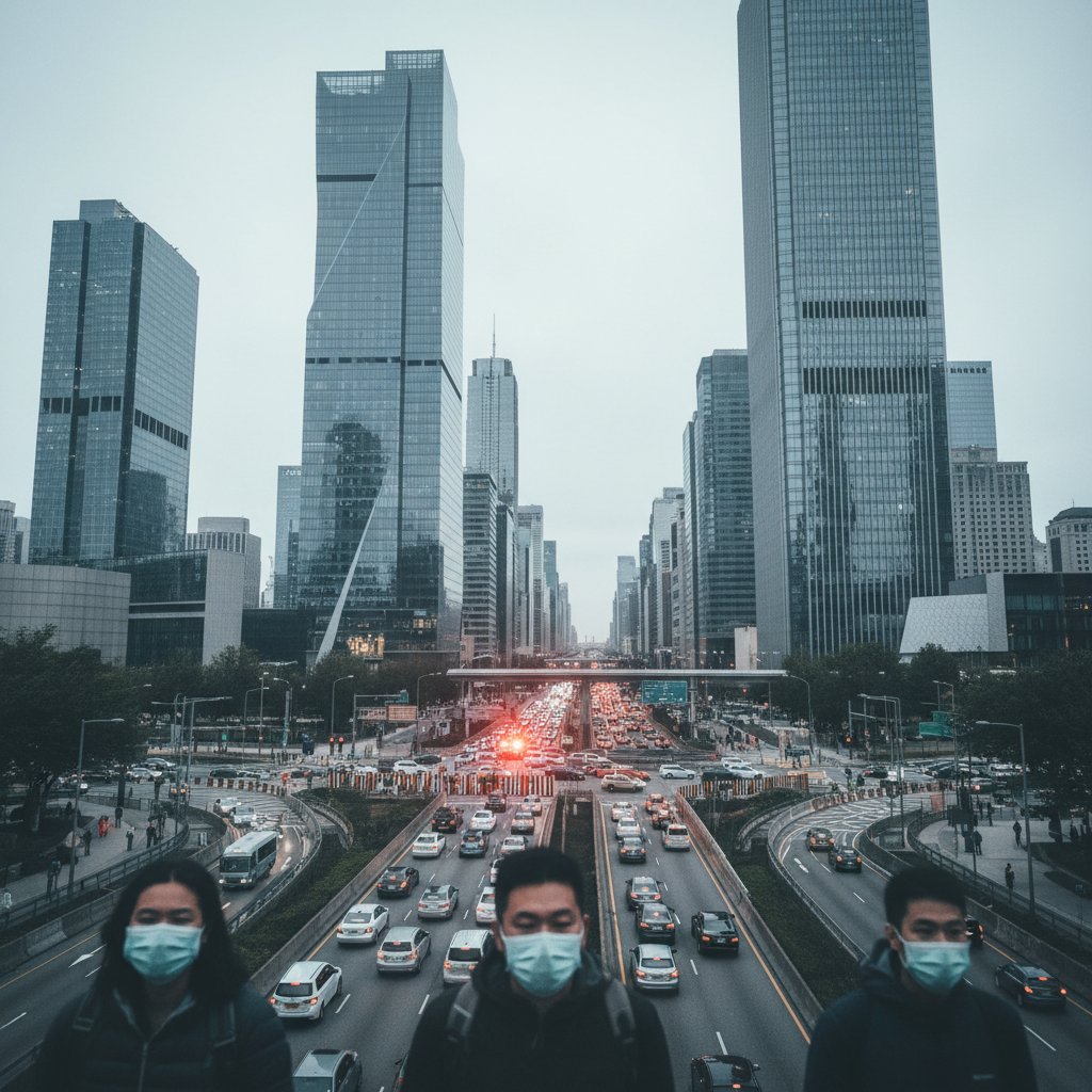 Grupa ludzi z maseczkami ochronnymi na ulicy, nowoczesne miasto, napięta atmosfera, słowa kluczowe: adenowirus, społeczeństwo, epidemia