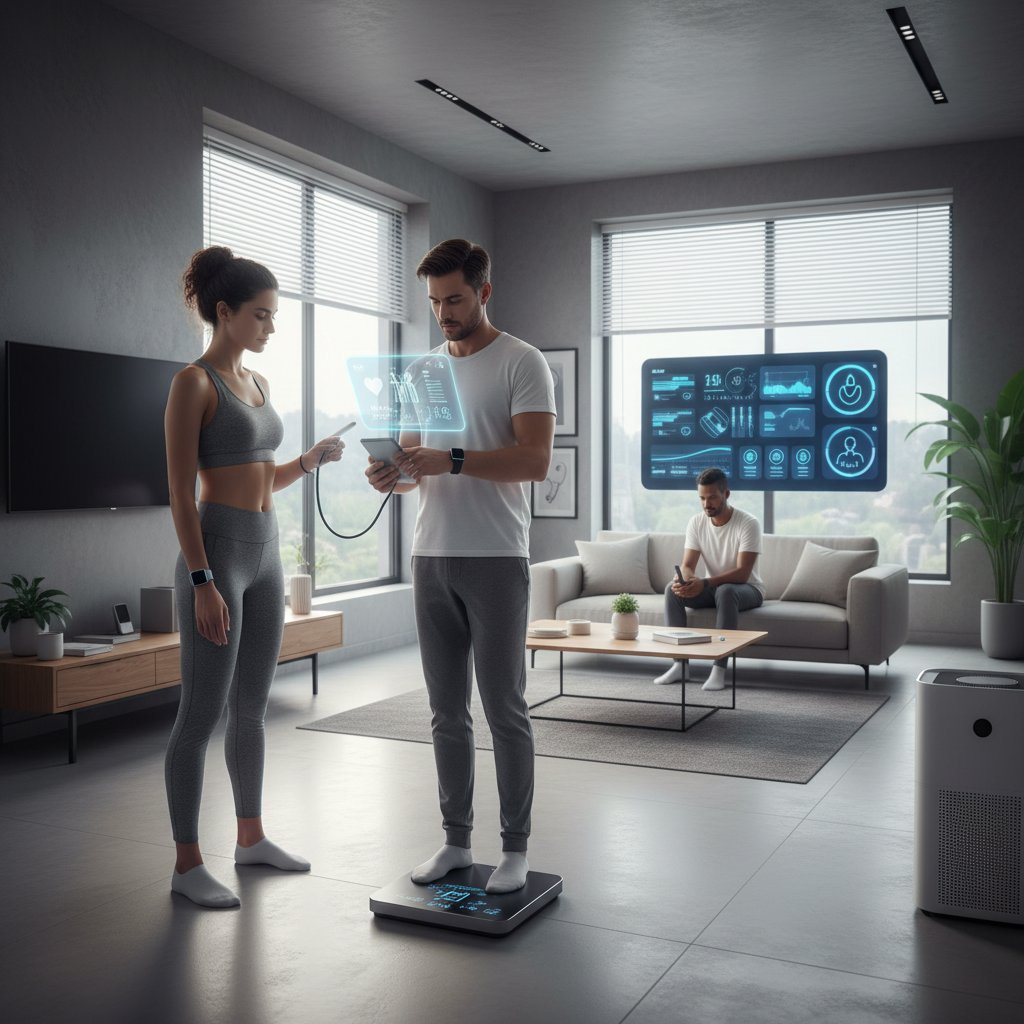 Grupa osób używających nowoczesnych aplikacji i urządzeń do monitorowania zdrowia w domu