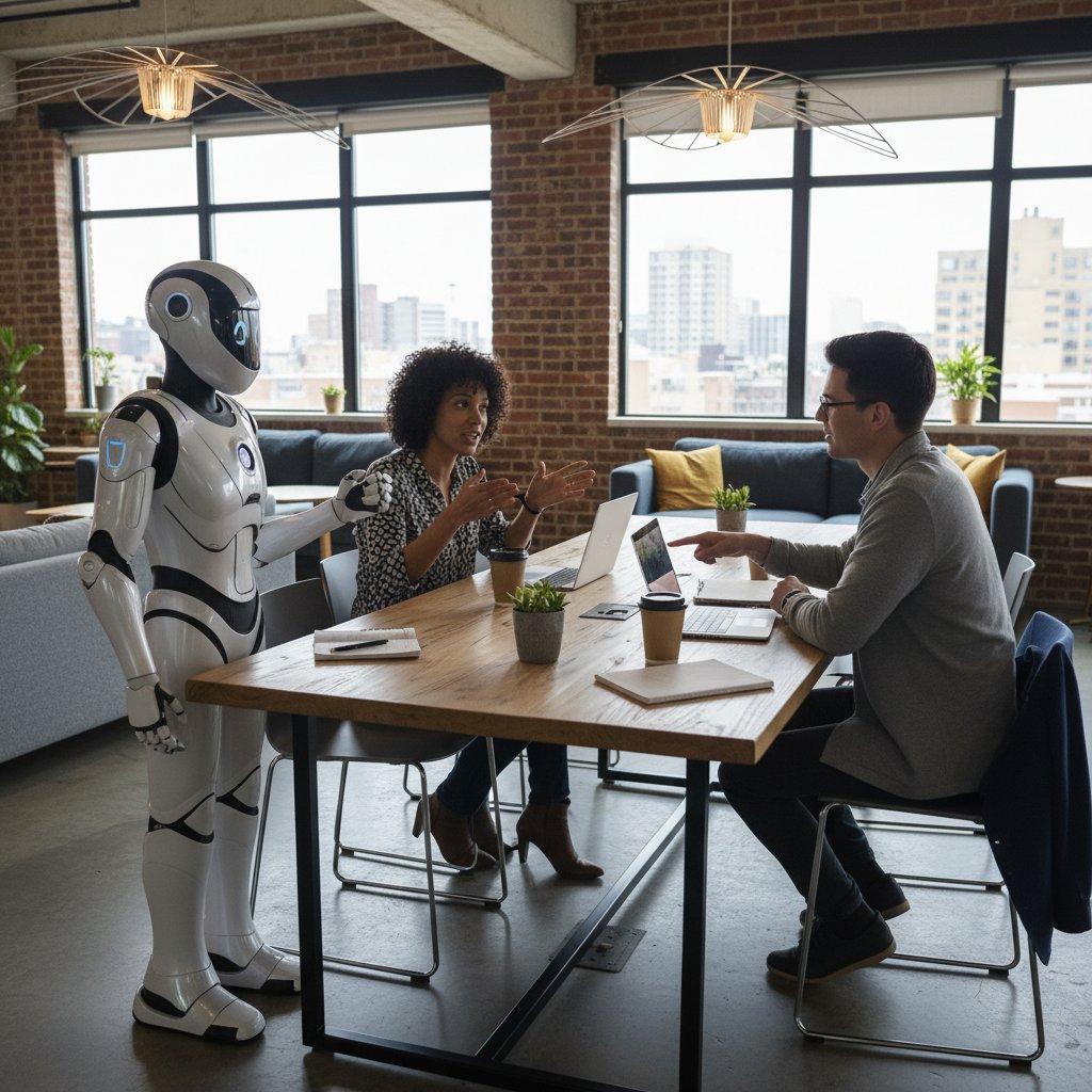 Grupa ludzi rozmawiająca z humanoidalnym robotem w przestrzeni coworkingowej, atmosfera dyskusji