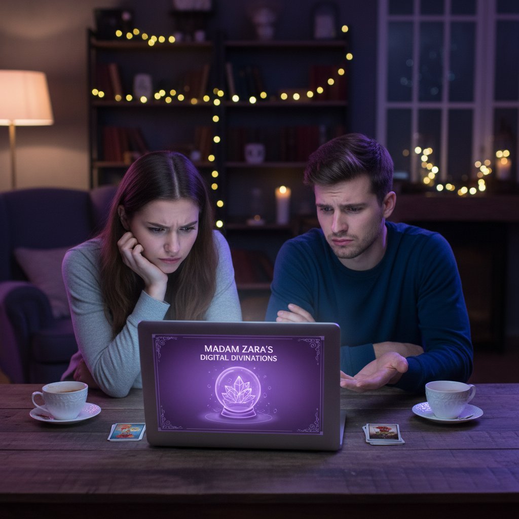 Symbolbild: Verschiedene Menschen vor dem Laptop, Ausdrucke zwischen Skepsis, Neugier und Enttäuschung – Nutzererfahrungen Online Wahrsager