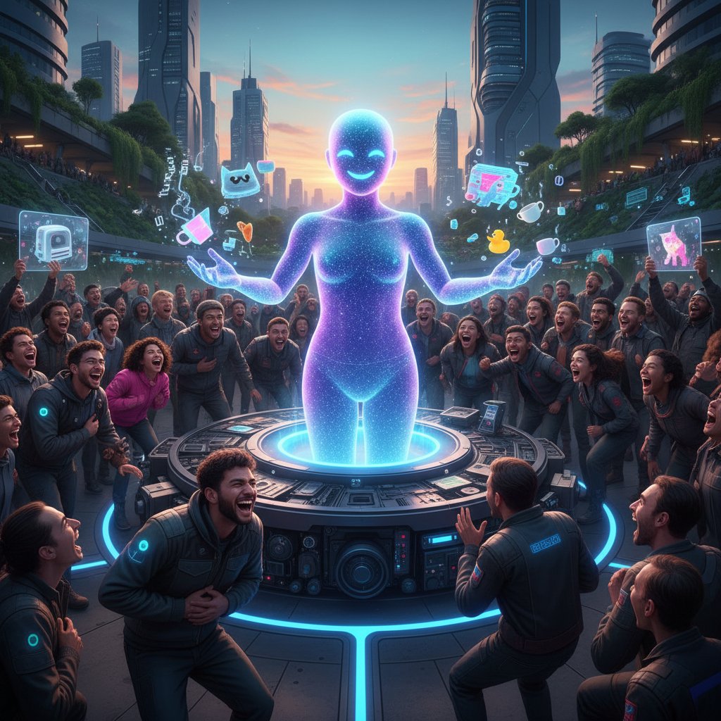 Grupa ludzi śmiejąca się podczas nietypowego eventu prowadzonego przez AI