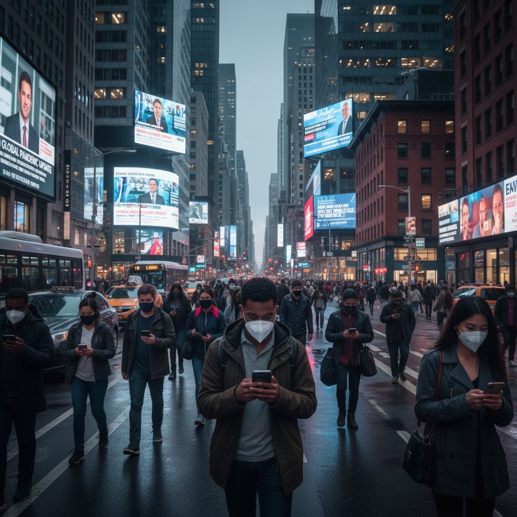 Tłum ludzi w maseczkach przed ekranami, przeglądających wiadomości zdrowotne na smartfonach