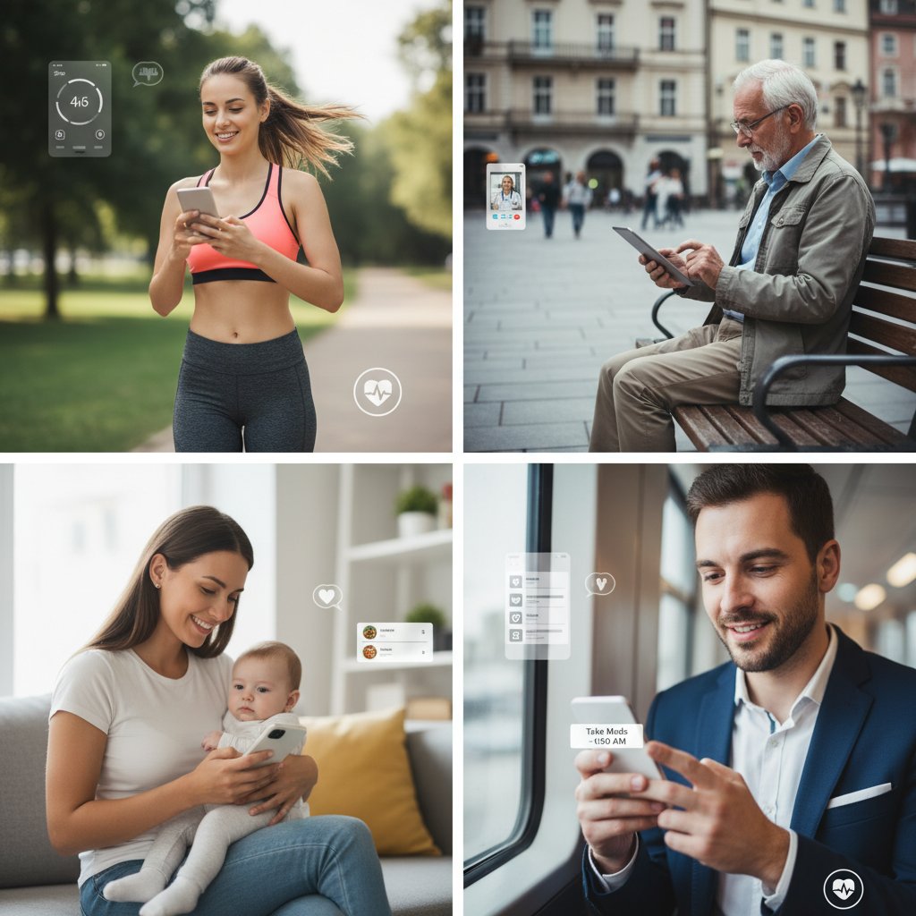 Użytkownicy aplikacji zdrowotnych siedzący w różnych lokalizacjach, mobilność i wygoda