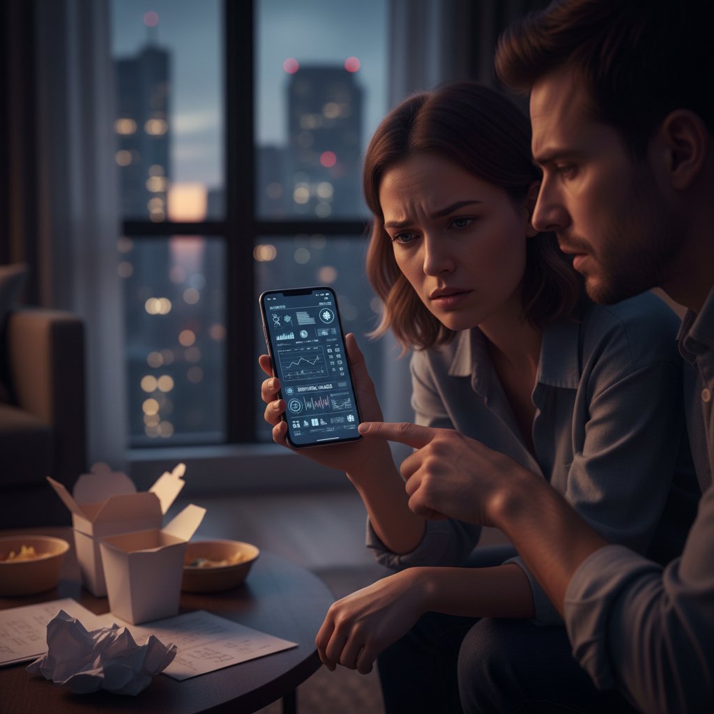 Grupa ludzi różnych pokoleń zgromadzona wokół telefonu, szukająca informacji zdrowotnych w miejskim mieszkaniu