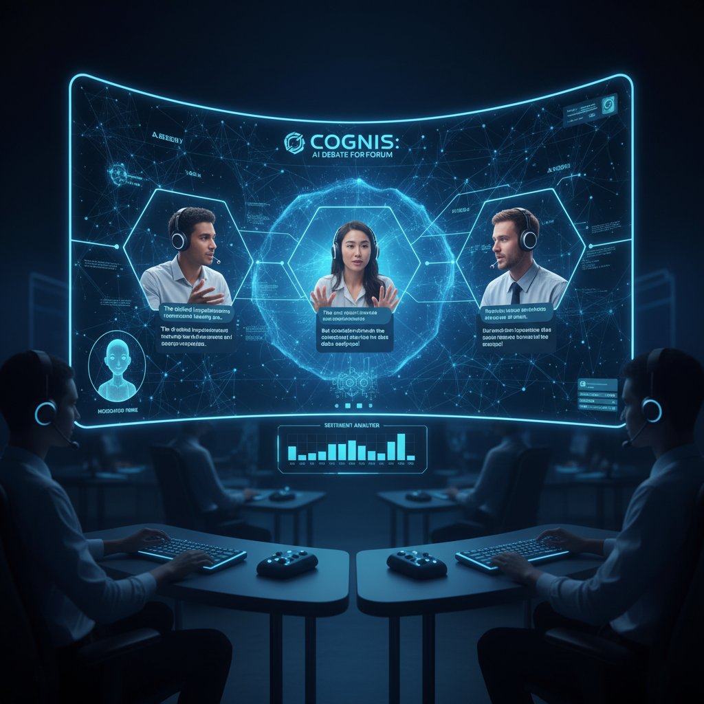 Grupa osób uczestniczy w debacie online na platformie AI, ekrany komputerów i burzliwa wymiana opinii