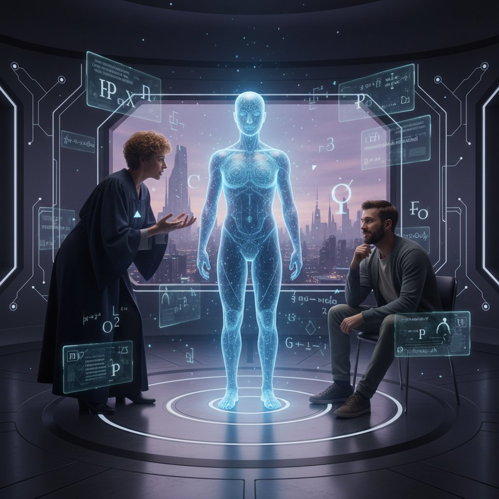 Osoby prowadzące filozoficzną dyskusję na laptopach i smartfonach w ciemnym pomieszczeniu, AI jako awatar