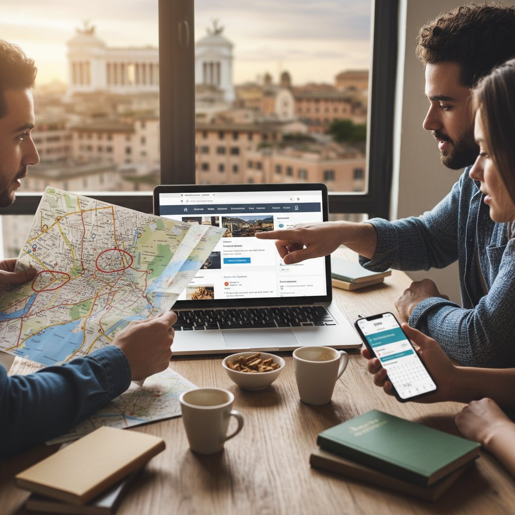 Osoby planujące wyjazd przy stole, laptop, smartfony, mapa miasta i notatki z aplikacji mobilnej