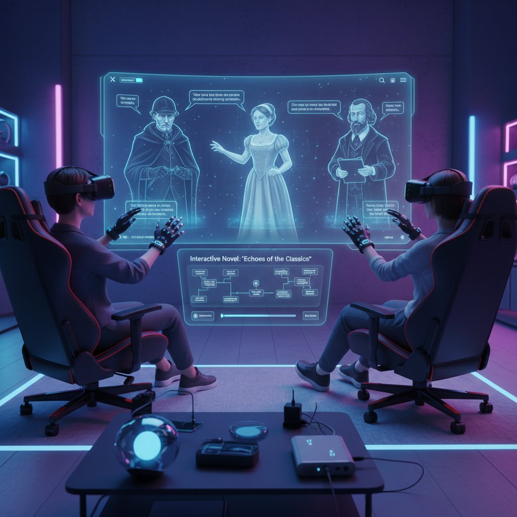 Osoby grające w interaktywną powieść VR, postaci literackie w nowoczesnej technologii, symulator rozmów