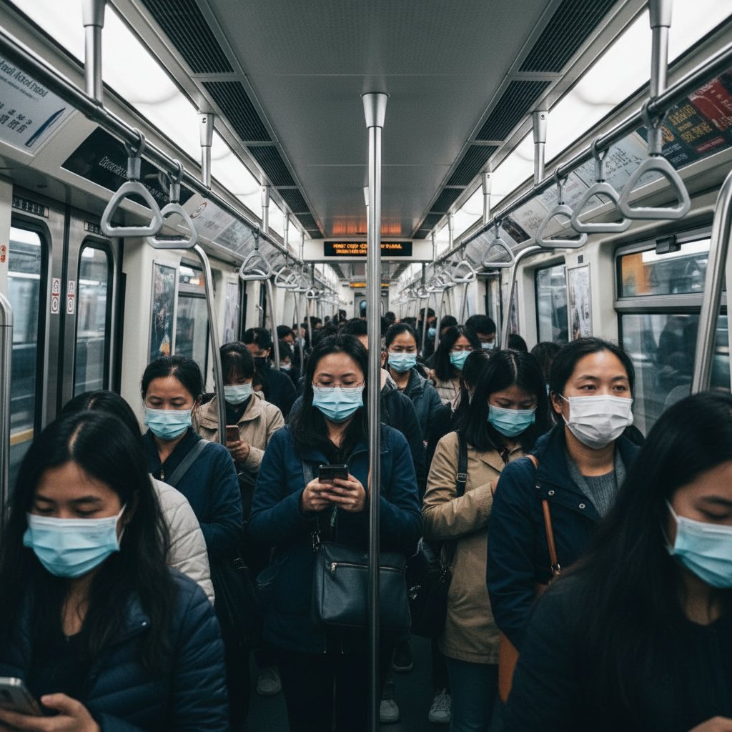 Osoby siedzące samotnie w komunikacji miejskiej w maseczkach, obrazujące wpływ pandemii na pustkę