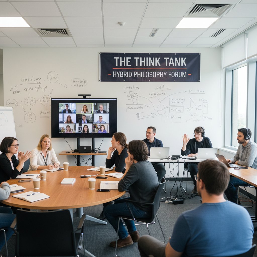 Grupa ludzi rozmawiająca na żywo podczas filozoficznego spotkania hybrydowego