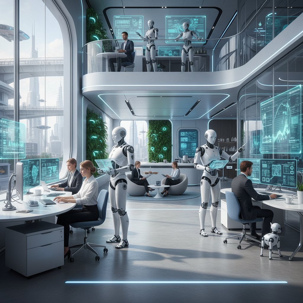 Zespół ludzi i robotów pracujący razem w nowoczesnym biurze