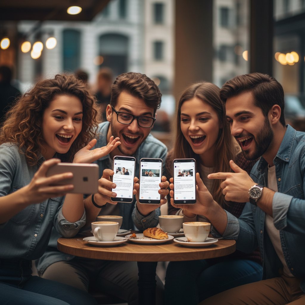 Grupa ludzi dzielących się viralowym wpisem na smartfonach, uśmiechy i ekscytacja