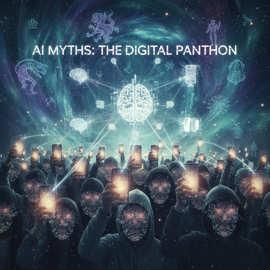 Ludzie trzymający smartfony z zamazanymi twarzami w tłumie, symbolizujący zagubienie w cyfrowym świecie i mity wokół AI