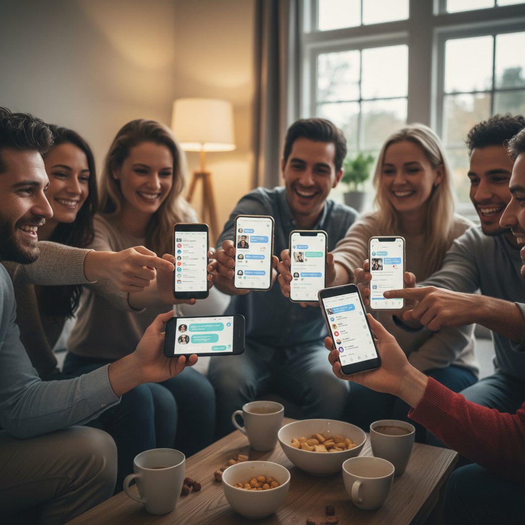 Osoby w różnym wieku korzystające z aplikacji społecznościowych, rozmowy grupowe na ekranie