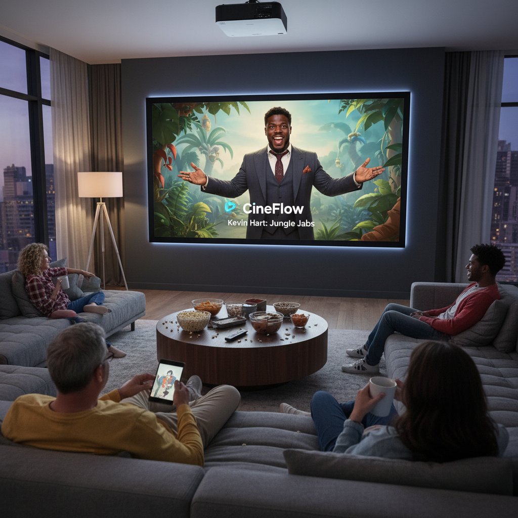 A living room with people streaming kevin hart movies on a big screen, laughter and reactions visible