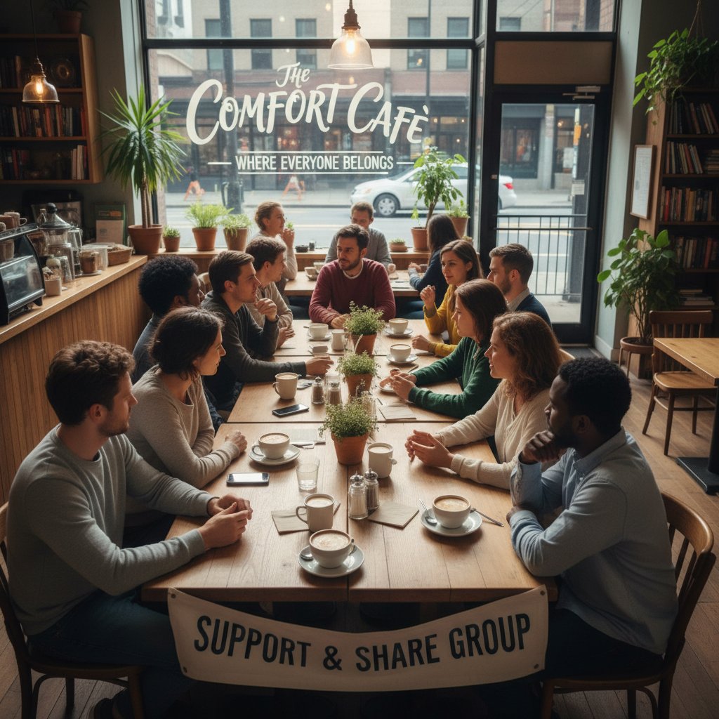 Grupa ludzi rozmawiających ze wsparciem na tle kawiarni – otwartość na temat IBS