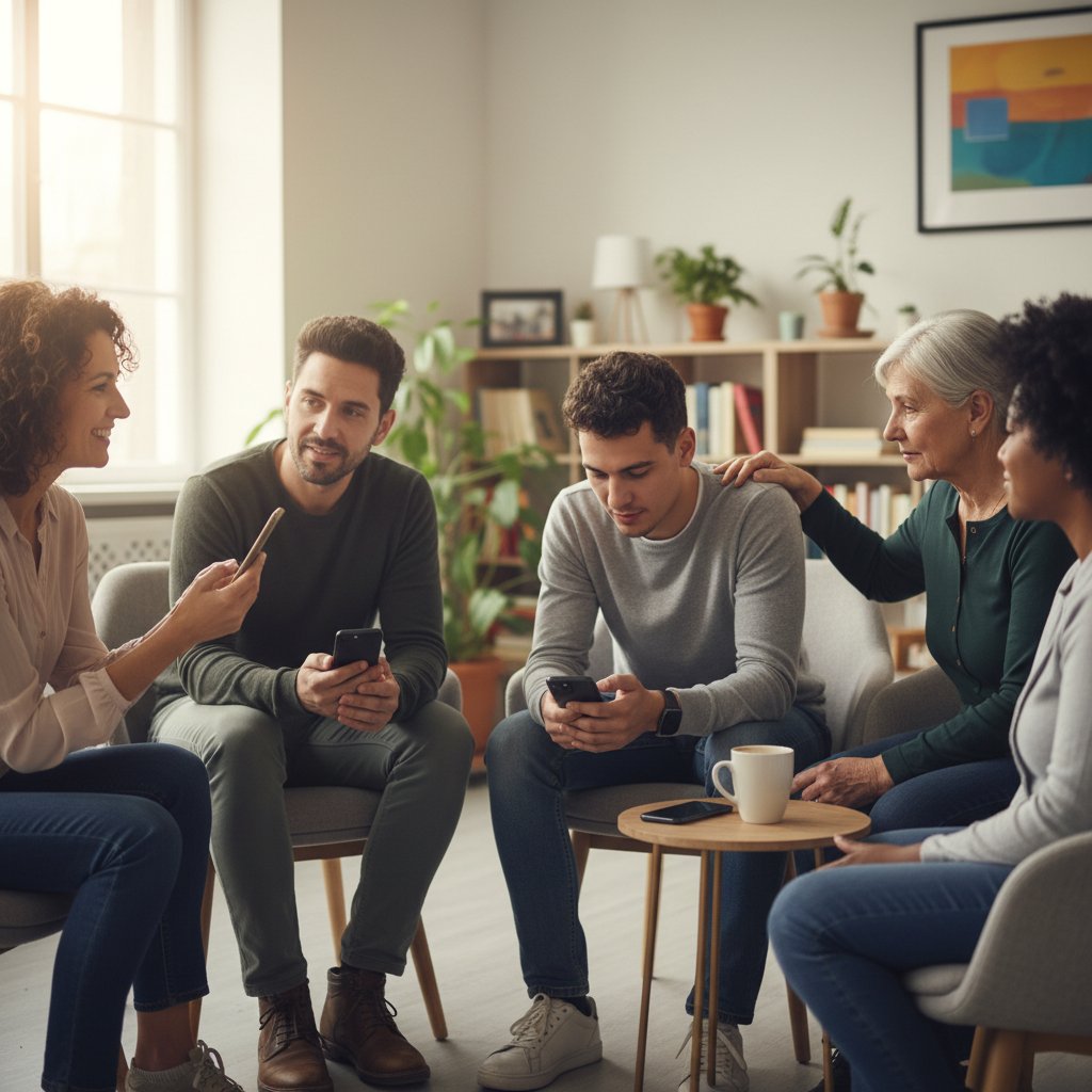 Osoby siedzące w kręgu, trzymające smartfony, dzielące się doświadczeniami w grupie wsparcia