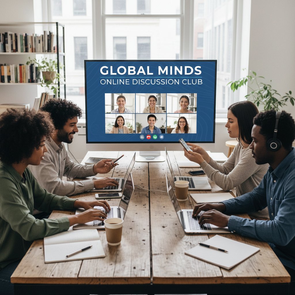 Osoby siedzące przy stole, rozmawiające przez laptopa i telefon w klubie dyskusyjnym online