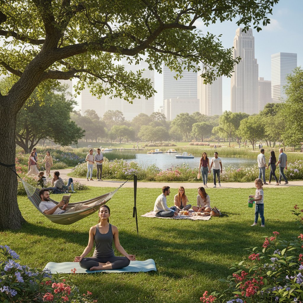 Grupa ludzi odpoczywających w parku miejskim – wpływ środowiska na poziom stresu