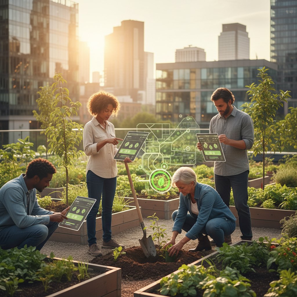 Grupa ludzi korzystająca z aplikacji ogrodniczej podczas sadzenia drzew w mieście
