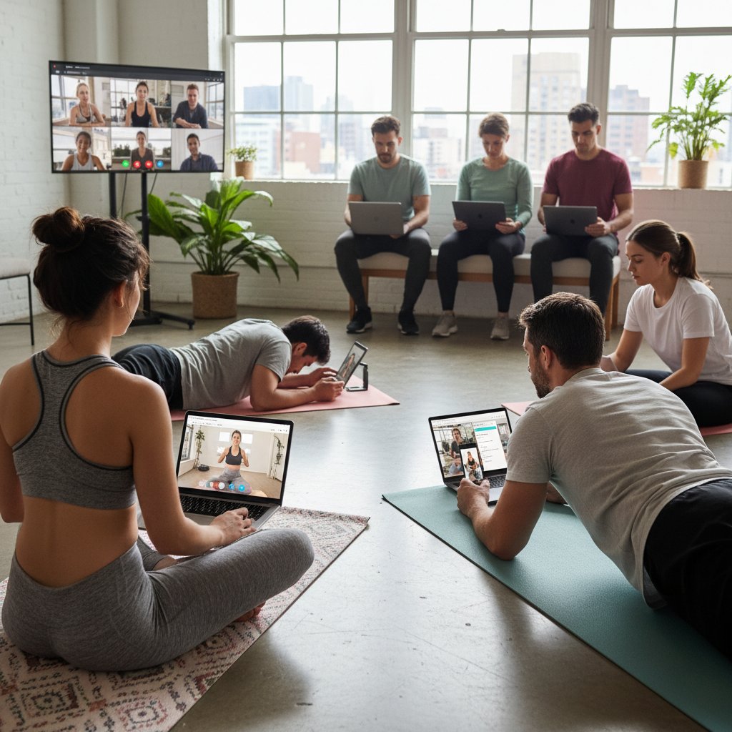 Różne platformy online do jogi – osoby korzystające z telefonów i laptopów na macie