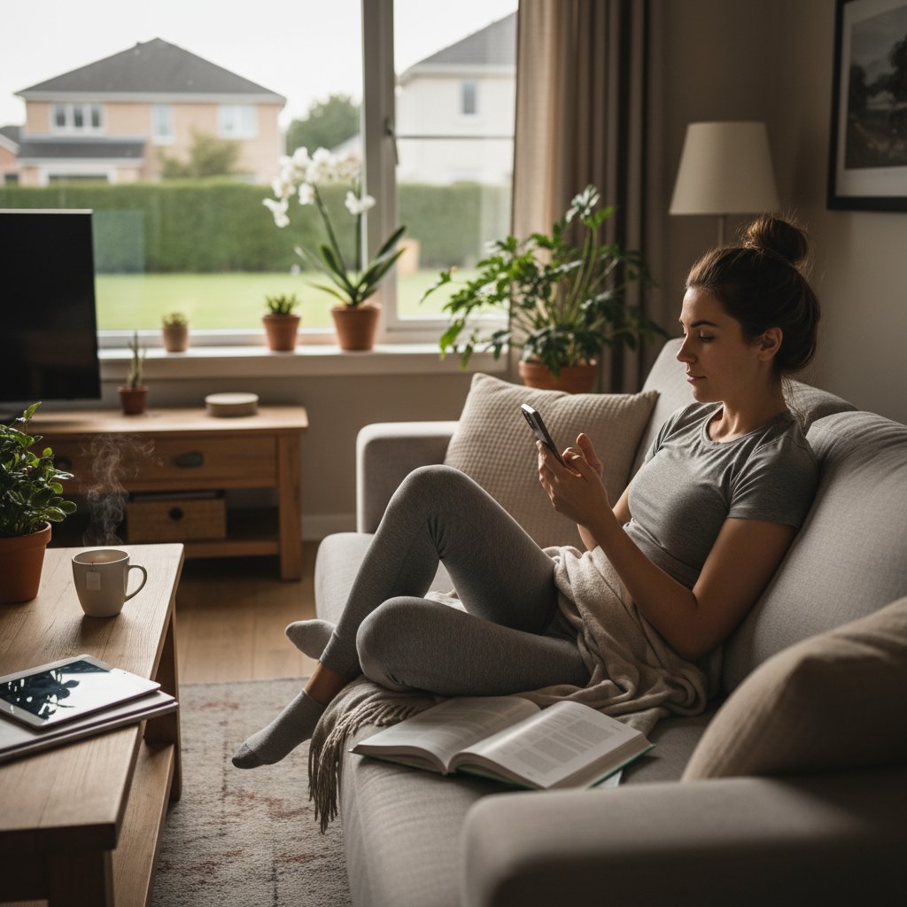 Osoba korzystająca z aplikacji medyk.ai w domu, relaksująca się przy filiżance kawy, smartfon