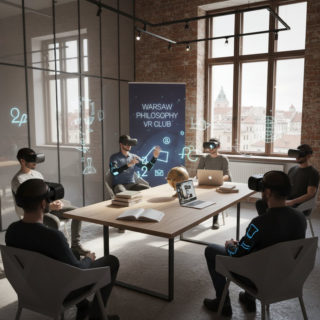Uczestnicy warszawskiego klubu filozoficznego debatujący w VR