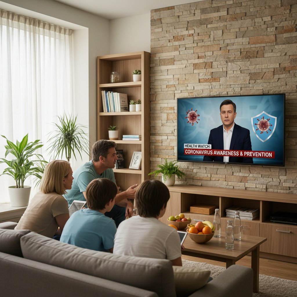 Grupa ludzi oglądających wiadomości w domu, temat zdrowotny na ekranie, symbolizuje brak dyskusji o TIA w mediach