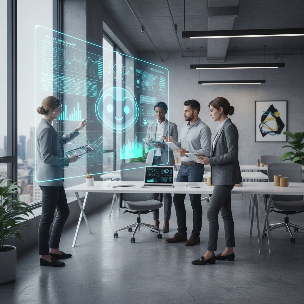 Ludzie analizujący finanse na laptopach, chatbot AI widoczny na ekranie, nowoczesne biuro, atmosfera koncentracji