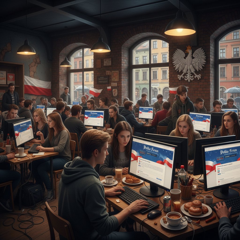 Grupa osób przy komputerach, różne typy ludzi, klimat forum dyskusyjnego, polska atmosfera