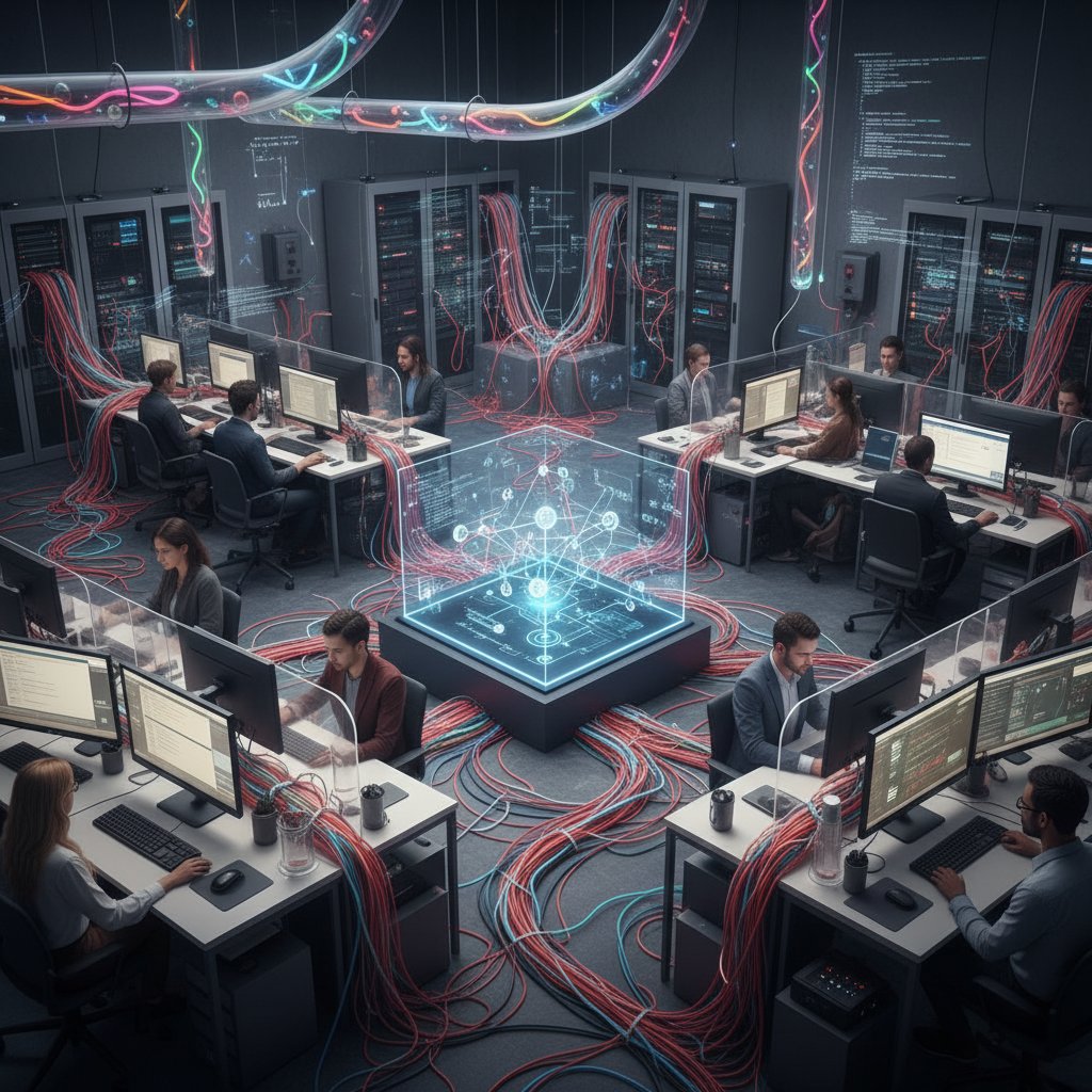 Osoby siedzące przy komputerach, połączone siatką światłowodów, algorytmy i cyfrowe bańki