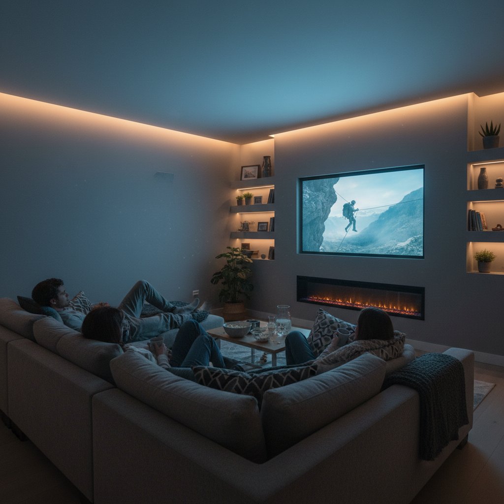 Modern living room, people binge-watching adventure streaming series, TV glow, shared excitement