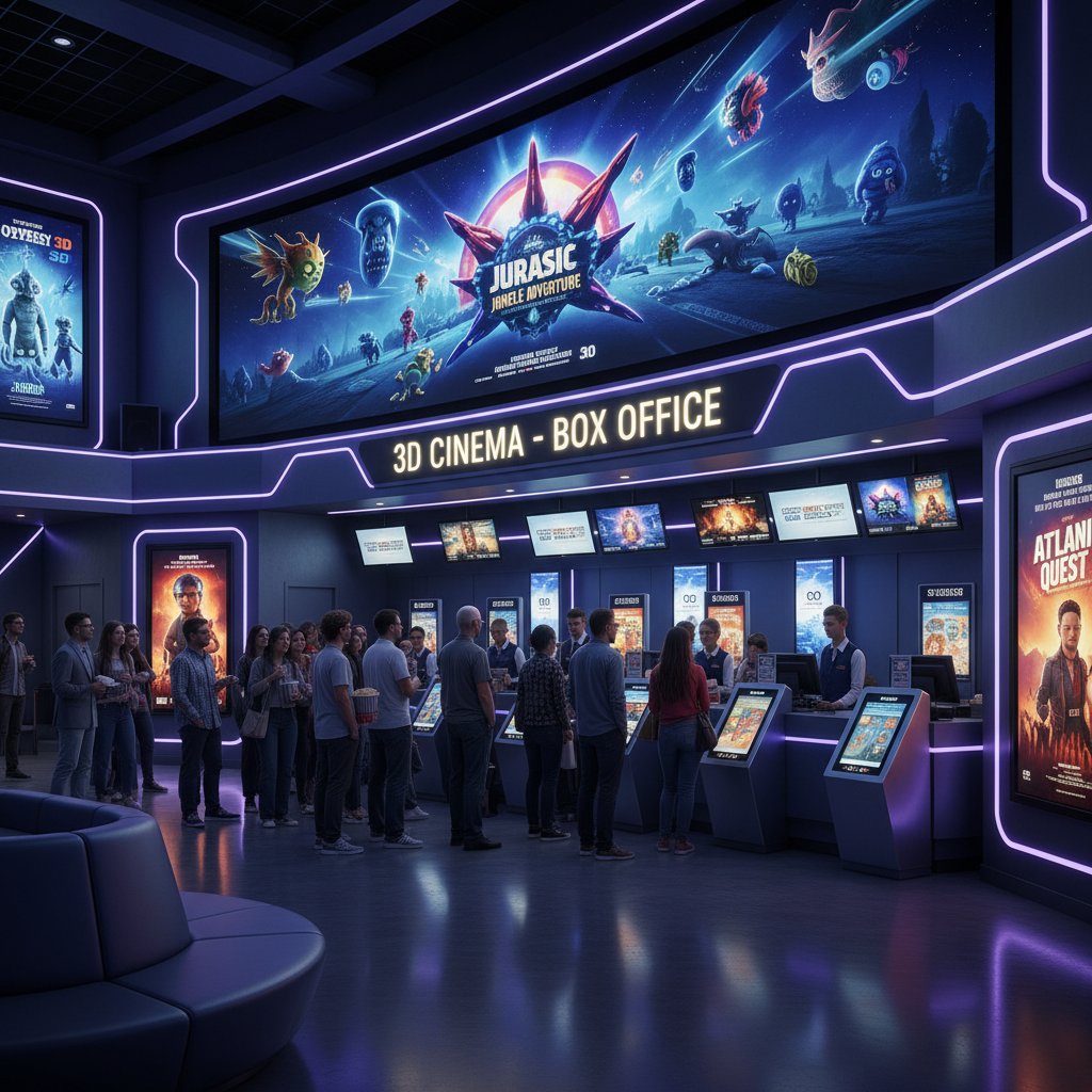 People buying 3D movie tickets at box office, price list displayed