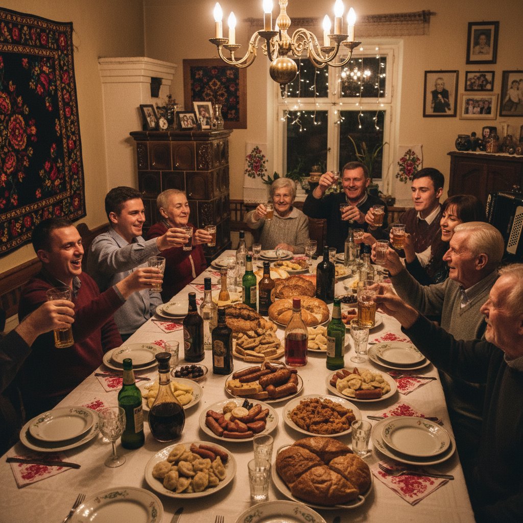 Grupa ludzi świętujących przy stole z różnymi alkoholami w typowym polskim domu