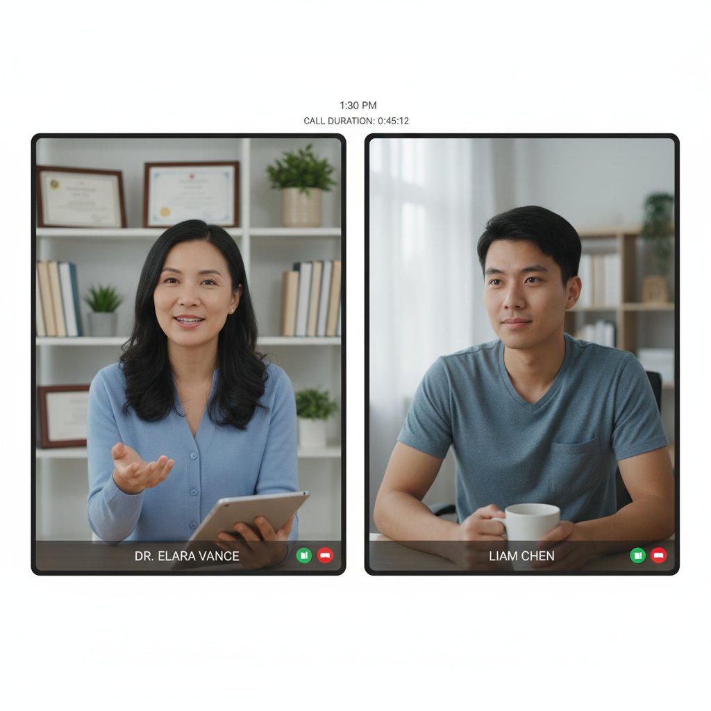 Dwie osoby rozmawiają przez czat, druga para przez wideorozmowę, trzecia w tradycyjnym gabinecie