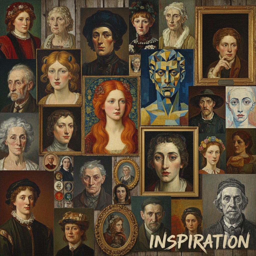 Kolaż kilku osób prezentujących swoje avatary w różnych stylach malarskich – inspiracje do tworzenia własnego wizerunku