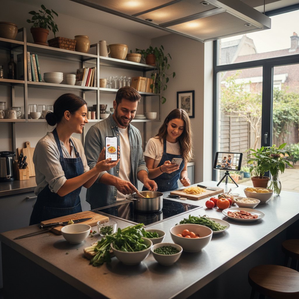 Grupa osób oglądających przepis na ravioli w telefonie, kuchnia, dzielenie się wiedzą