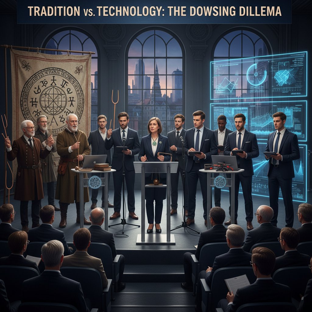 Grupa osób debatujących o radiestezji, tradycyjne i nowoczesne stroje, sala konferencyjna