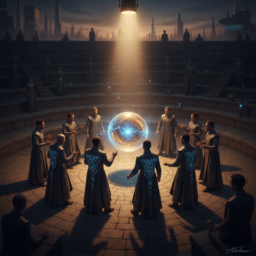 Debata ludzi wokół świecącej kuli symbolizującej AI