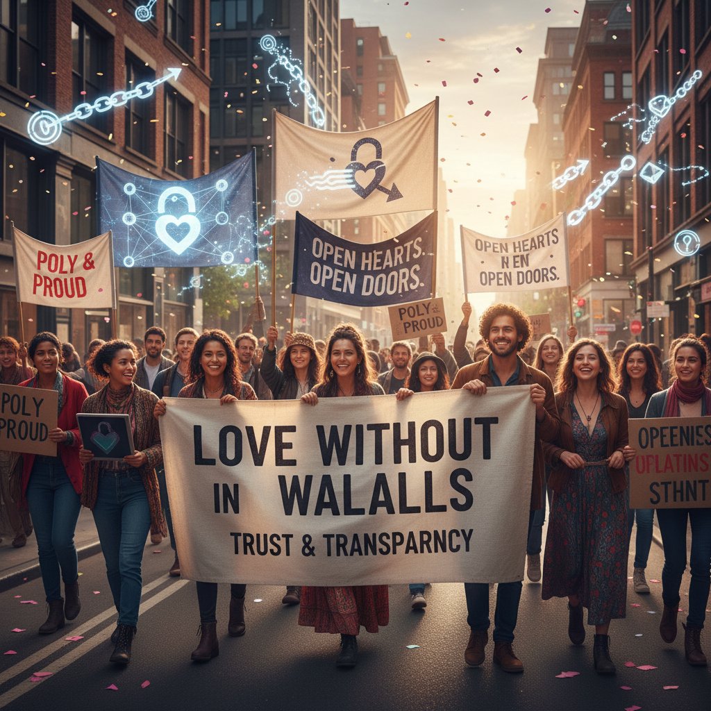 Symbolfoto: Verschiedene Menschen demonstrieren für Offenheit in Beziehungen, digitale Symbole vermischen sich mit realen Transparenten